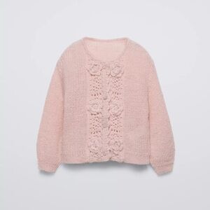 ZARA Pale Pink Crochet Flower Knit Cardigan